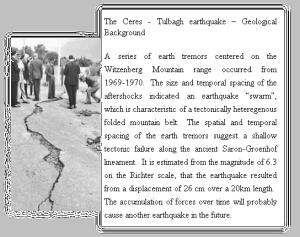 Photo of a crack in the road and an article about the 1969 Ceres earthquake