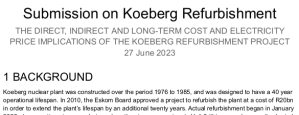Title page of submission on costs of Koeberg life extension